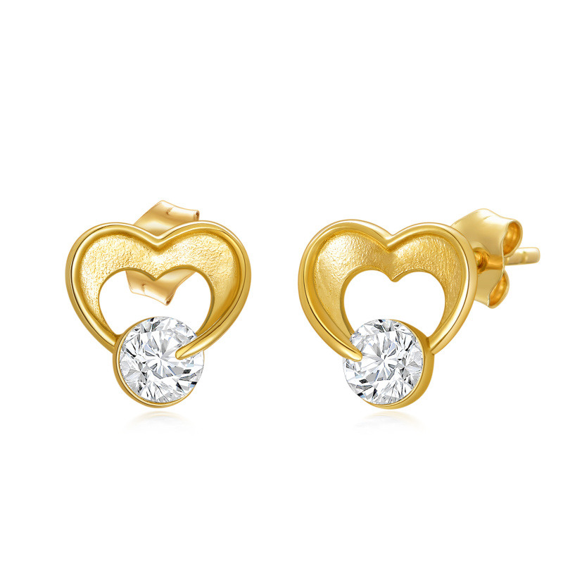 14K Gold Cubic Zirconia Heart Stud Earrings-1