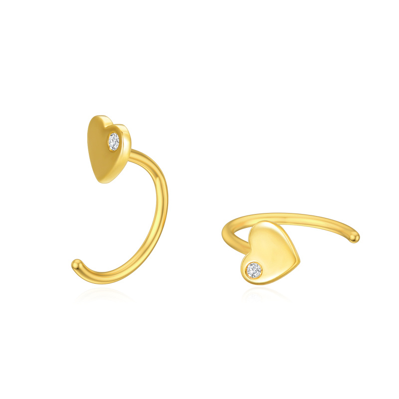 Pendientes de botón con forma de corazón y circonitas cúbicas en oro de 14 quilates-1