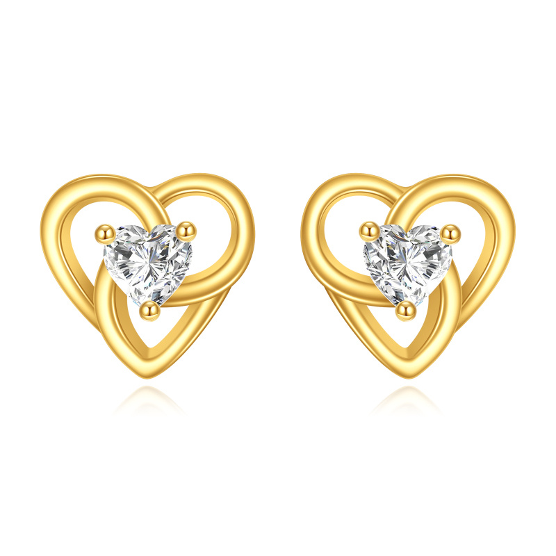 18K Gold Cubic Zirconia Heart Stud Earrings-1