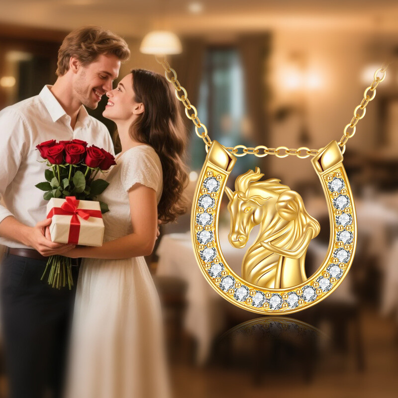 18K Gold Cubic Zirconia Horseshoe Pendant Necklace-5