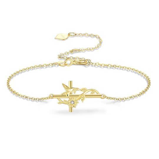 10K Gold Cubic Zirconia Hummingbird & Cross Bracelet for Women