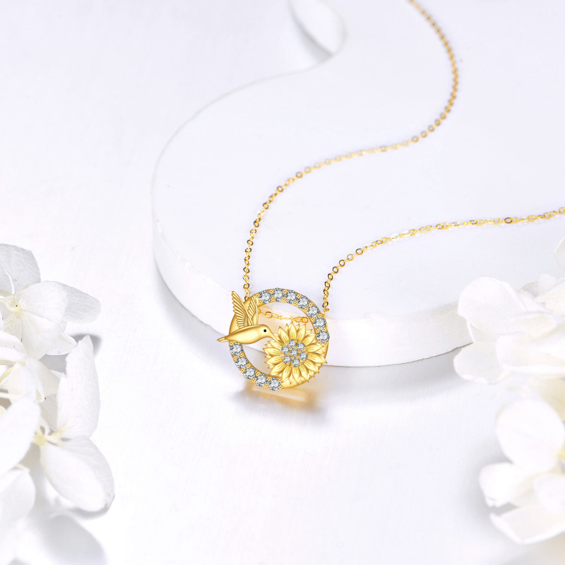 Collier avec pendentif oiseau-mouche et tournesol en or 10K avec zircon cubique-3