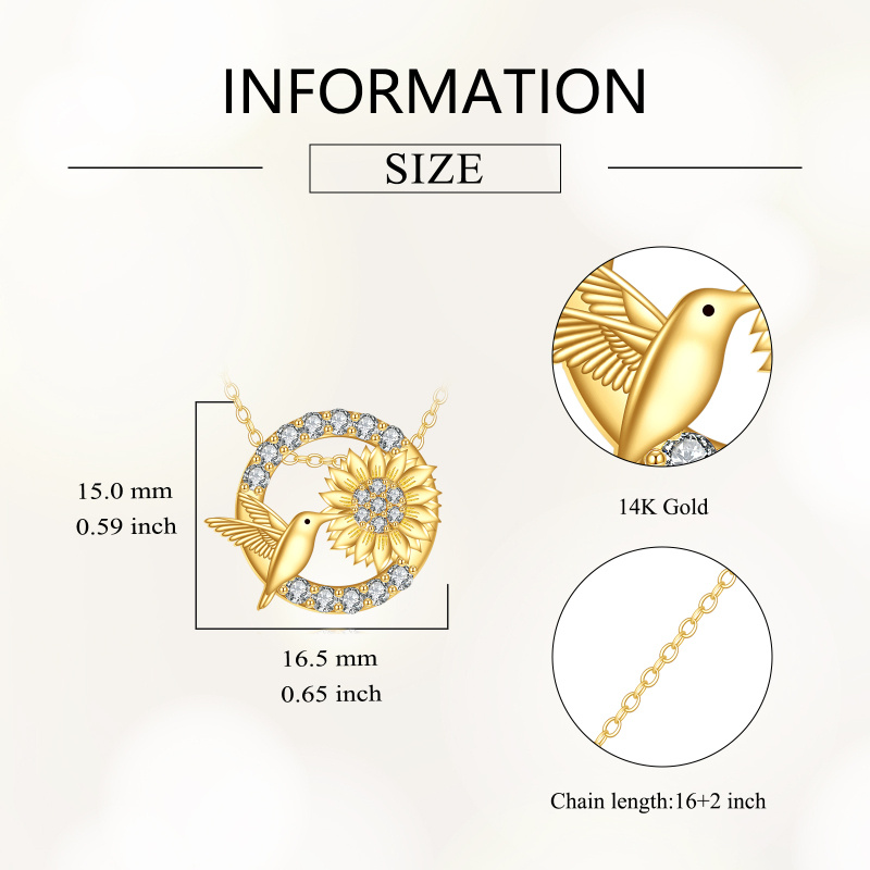 Collier avec pendentif oiseau-mouche et tournesol en or 10K avec zircon cubique-4