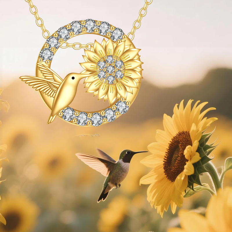 Collier avec pendentif oiseau-mouche et tournesol en or 10K avec zircon cubique-5