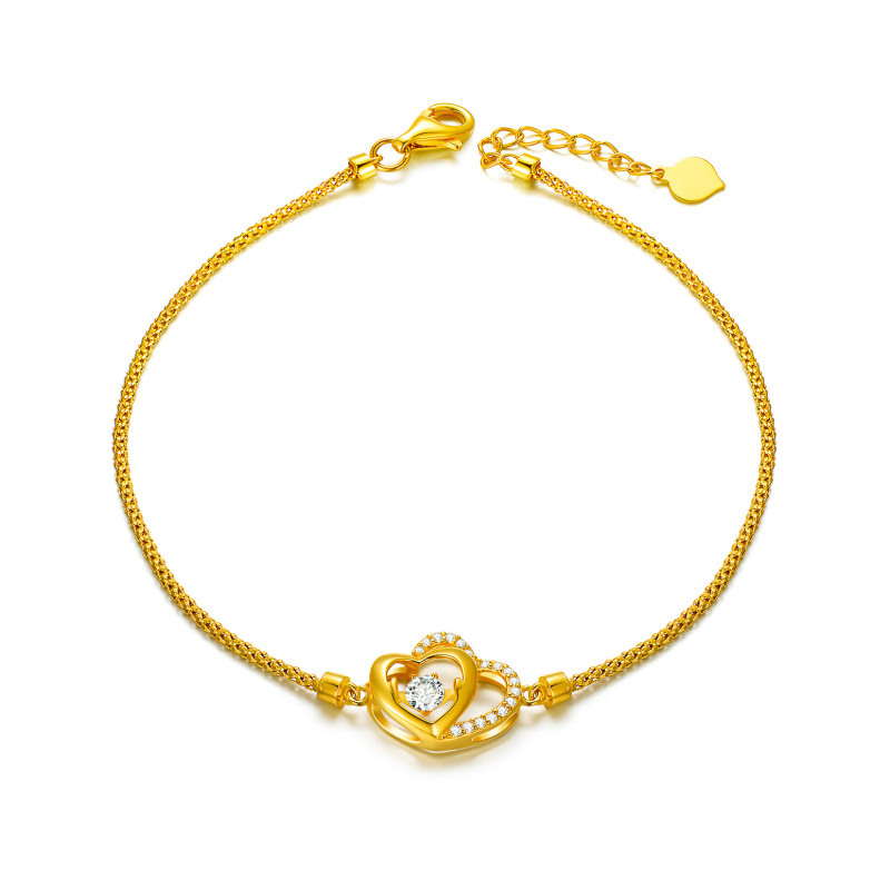 Pulsera de oro de 14 quilates con circonitas cúbicas y dijes de corazones entrelazados para mujer, ideal para mejores amigas.-1