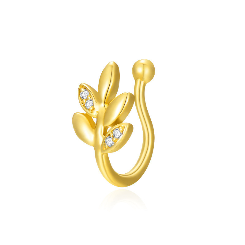 Anillo nasal de hojas con circonitas cúbicas y oro de 18 quilates-1