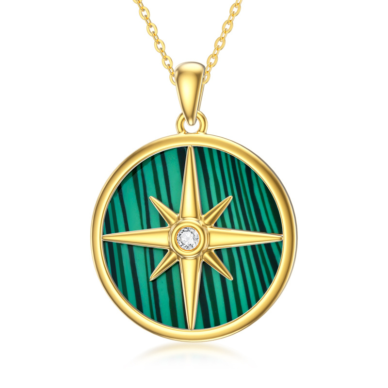 Collier boussole en or 14 carats, zircon cubique et malachite pour femme-1