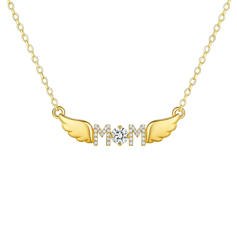 10K Gold Cubic Zirconia Mama & Angel Wing Pendant Necklace-1