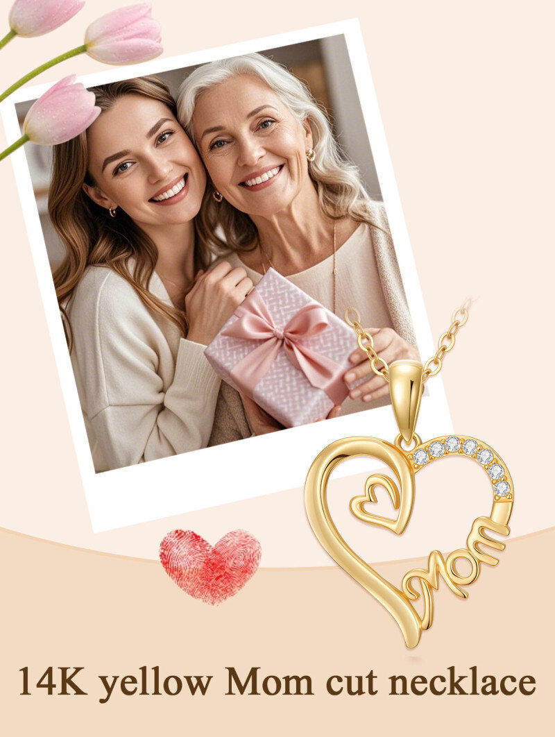Collar con colgante de corazón y mamá de circonio cúbico en oro de 14 quilates-6