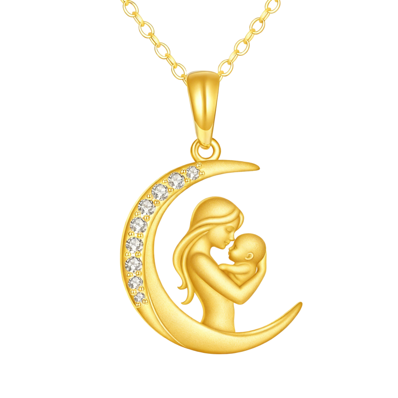 10K Gold Cubic Zirconia Mama & Moon Pendant Necklace-1