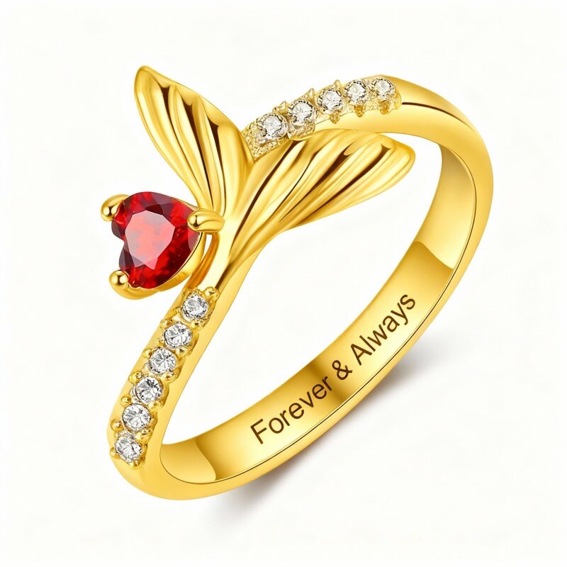 Bague de naissance en or 10 carats avec zircon cubique et pierre de naissance en forme de queue de sirène-1