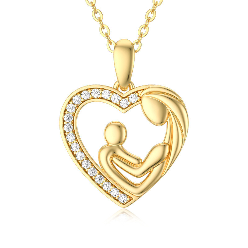 Collier pendentif cœur en or 14 carats et zircon cubique représentant une maman tenant son bébé-1