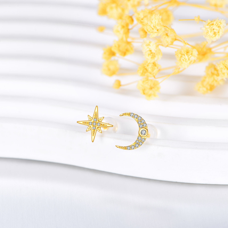 18K Gold Cubic Zirconia Moon & Star Stud Earrings-4