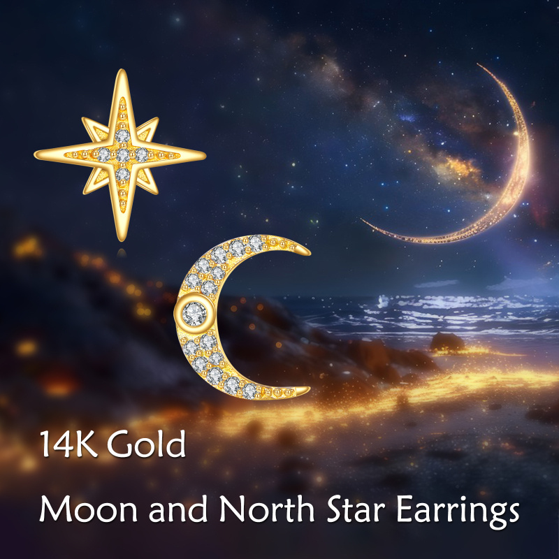 18K Gold Cubic Zirconia Moon & Star Stud Earrings-6