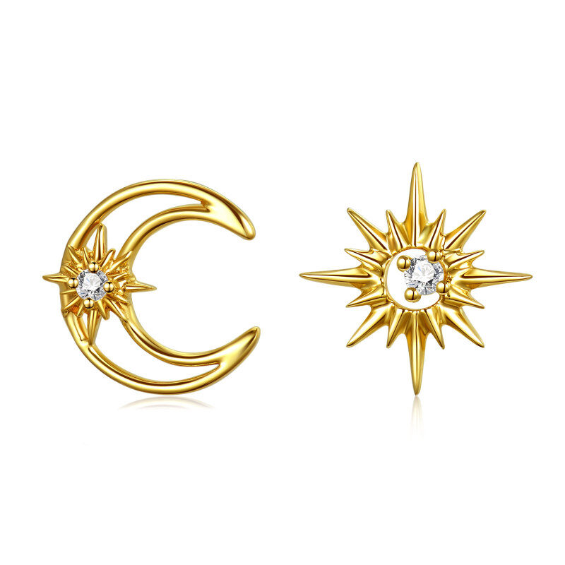 Boucles d'oreilles puces en or 14 carats avec zircon cubique en forme de lune et d'étoile-1