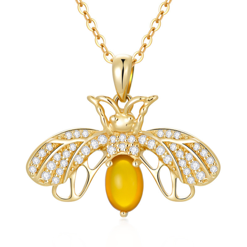 Halskette mit Bienenanhänger aus 10-karätigem Gold mit Zirkonia und Mondstein-1