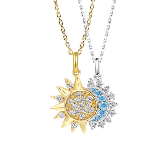 Halskette mit Mond- und Sonnenanhänger aus vergoldetem Silber (Vermeil) und Zirkonia für Damen