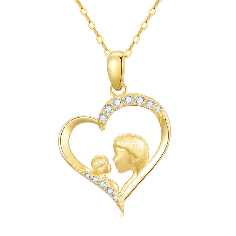 Collier pendentif en or 10 carats avec zircon cubique et motif mère et cœur-1