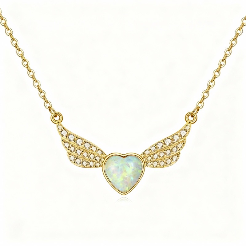 14K Gold Cubic Zirconia & Opal Angel Wing Pendant Necklace-1