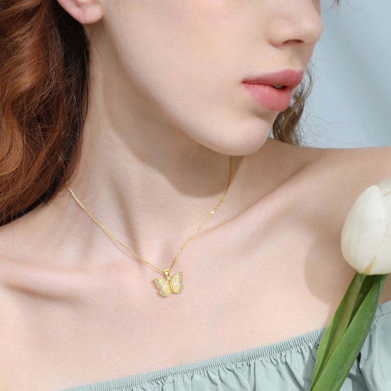 14K Gold Cubic Zirconia & Opal Butterfly Pendant Necklace-2