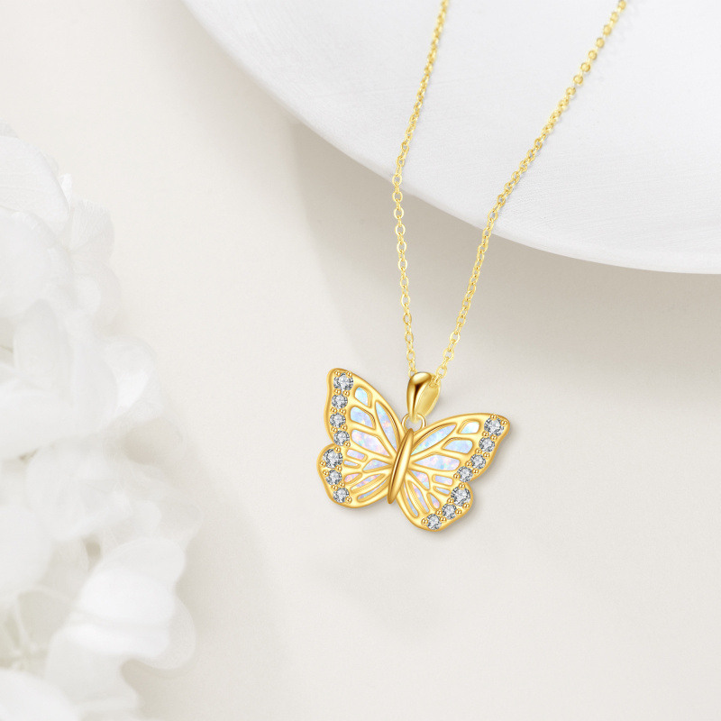 14K Gold Cubic Zirconia & Opal Butterfly Pendant Necklace-3