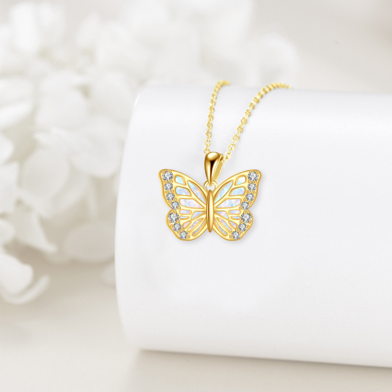 14K Gold Cubic Zirconia & Opal Butterfly Pendant Necklace-4