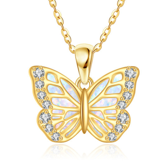 Collar con colgante de mariposa de circonia cúbica y ópalo en oro de 14 quilates