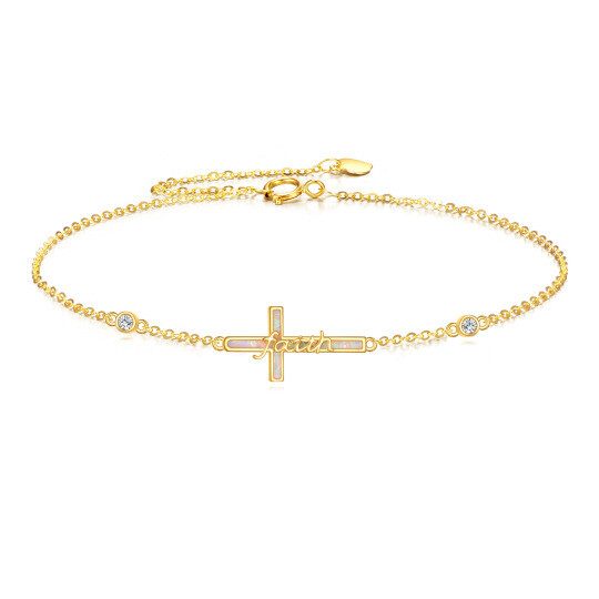 Braccialetto di Charm in Oro 10K con Zirconi Cubici e Croce in Opale, con Parola Incisa