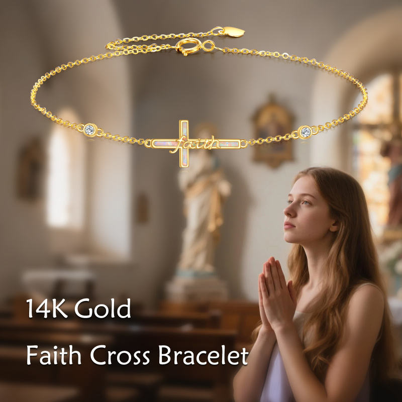 Bracelet de breloques en or 10K avec zircons cubiques et croix en opale, accompagné d'un mot gravé-6