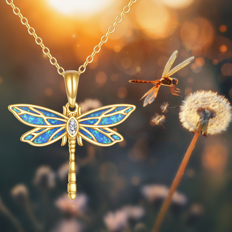 Collier avec pendentif libellule en or 14K, zircone cubique et opale-5