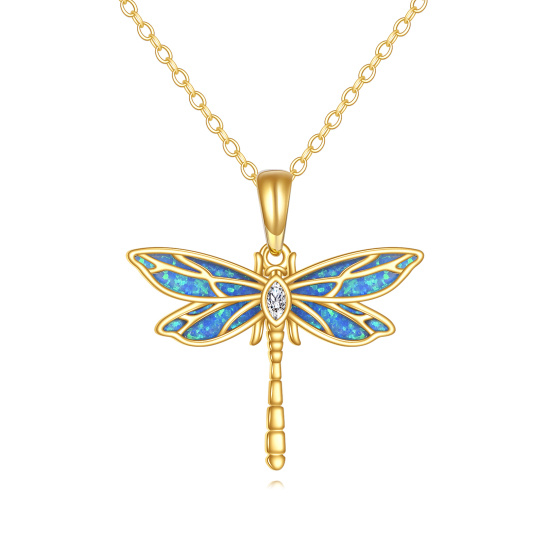 10K Gold Cubic Zirconia & Opal Dragonfly Pendant Necklace