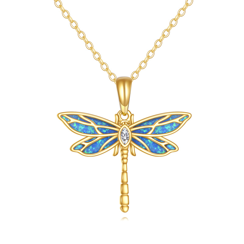 Collier avec pendentif libellule en or 14K, zircone cubique et opale-1