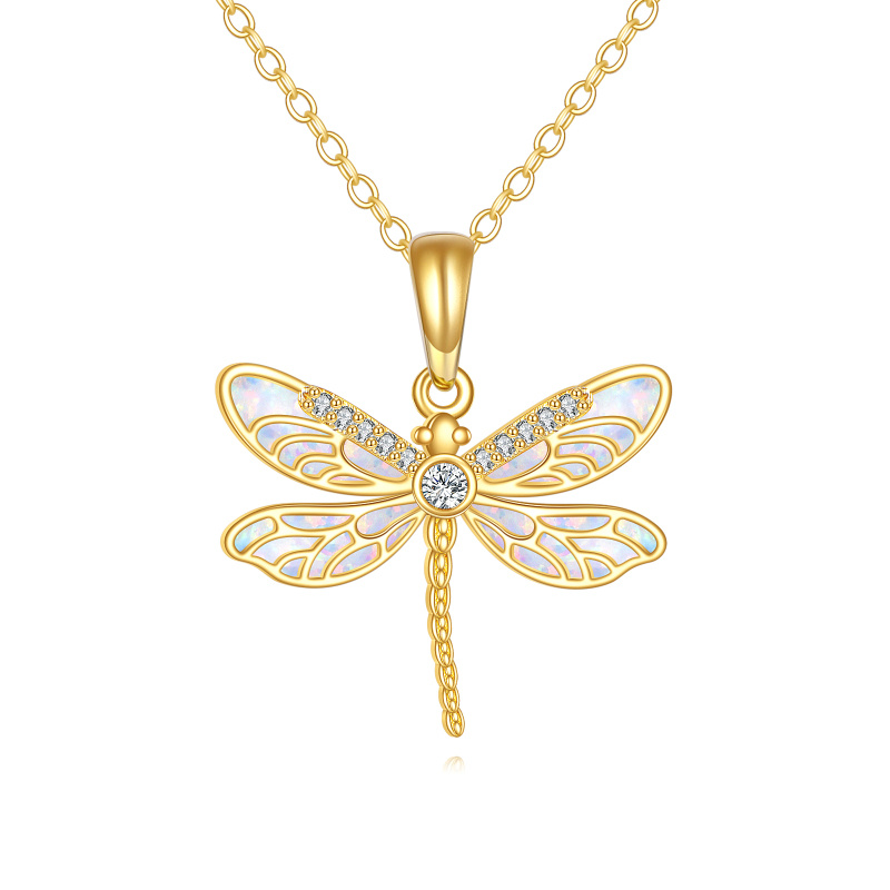 18K Gold Cubic Zirconia & Opal Dragonfly Pendant Necklace-1