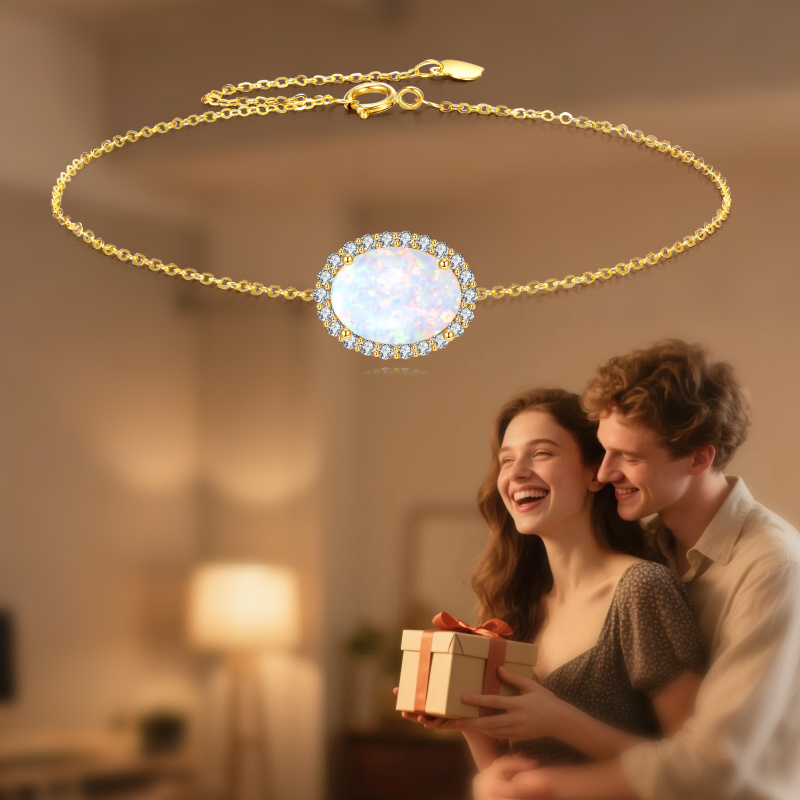 10K Gold Cubic Zirconia & Opal Oval Shaped Charm Bracelet-5