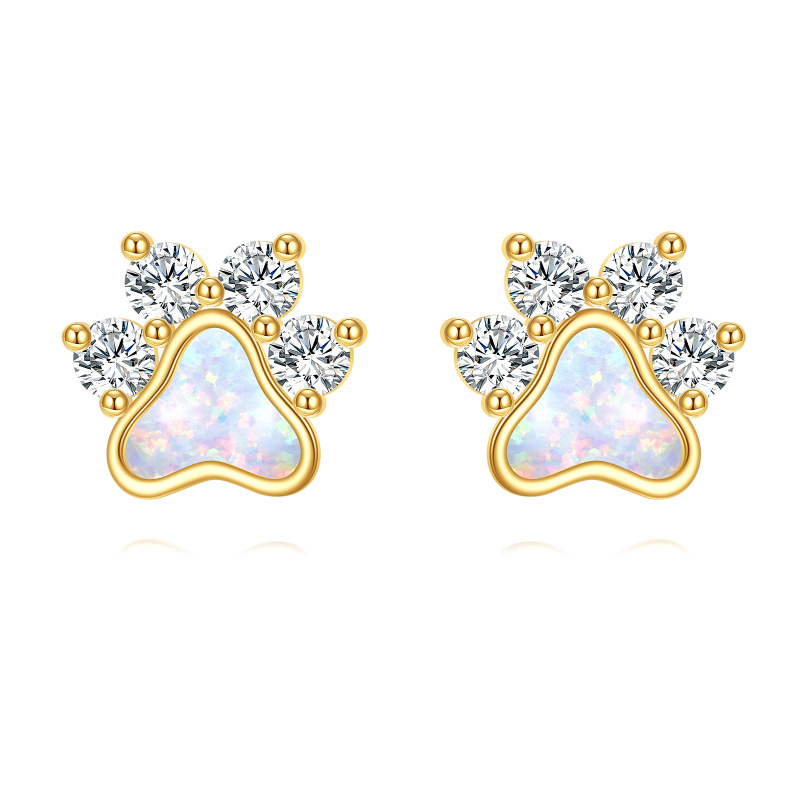 10K Gold Cubic Zirconia Opal Paw Stud Earrings for Women-1