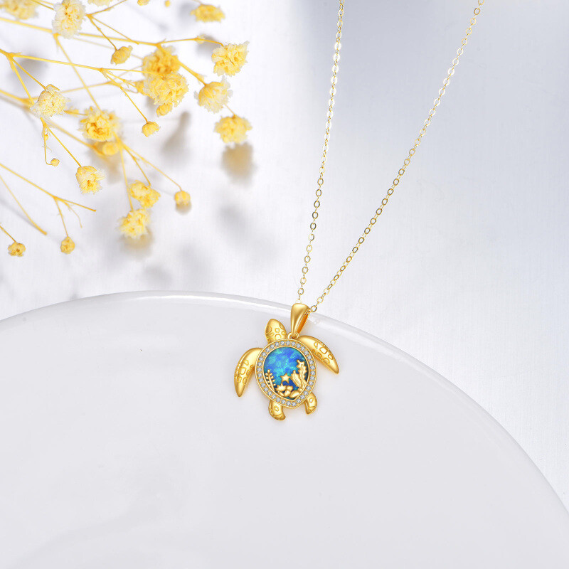 Collier avec pendentif tortue de mer en zirconium cubique et opale doré 14K-3
