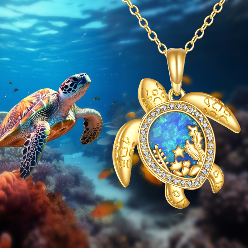 Collier avec pendentif tortue de mer en zirconium cubique et opale doré 14K-5