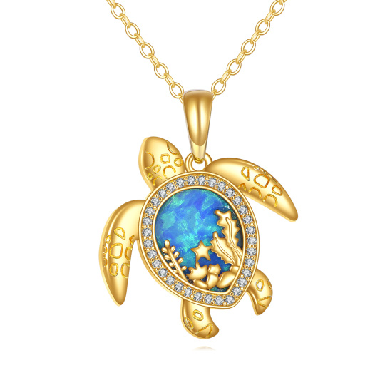 10K Gold Cubic Zirconia & Opal Sea Turtle Pendant Necklace