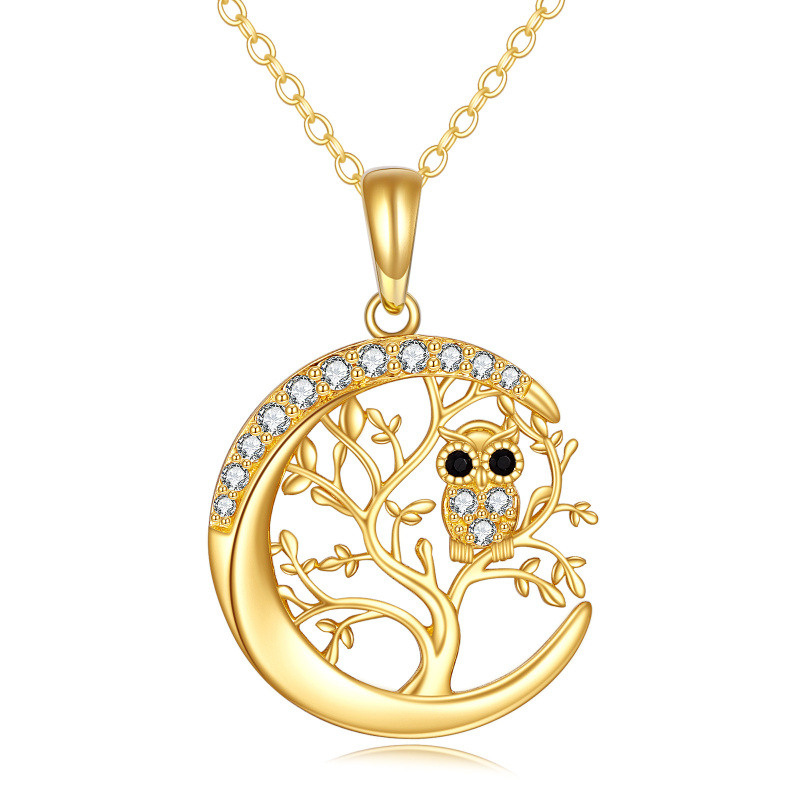 Collier pendentif hibou et arbre de vie avec lune en or 14 carats et zircon cubique pour femme-1