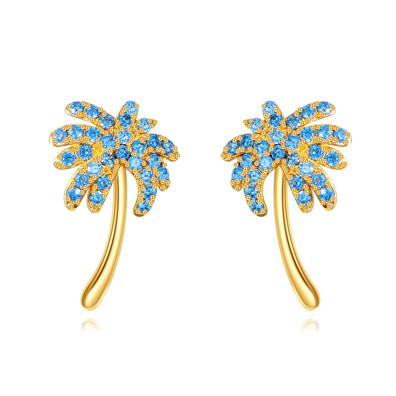 Pendientes de botón con forma de palmera en oro de 14 quilates con circonitas cúbicas-1