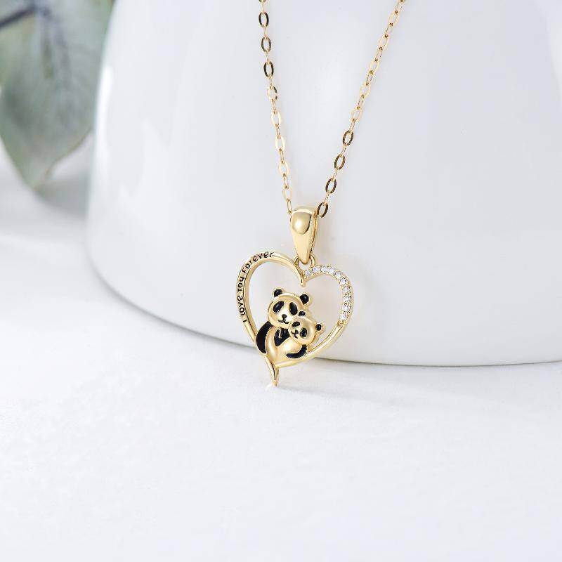10K Gold Cubic Zirconia Panda & Heart Pendant Necklace with Engraved Word-3