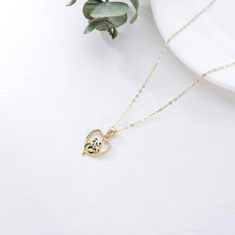 10K Gold Cubic Zirconia Panda & Heart Pendant Necklace with Engraved Word-4