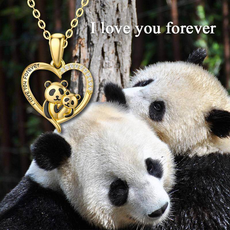 10K Gold Cubic Zirconia Panda & Heart Pendant Necklace with Engraved Word-5