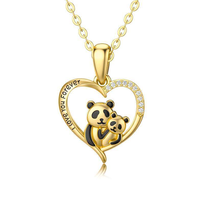 10K Gold Cubic Zirconia Panda & Heart Pendant Necklace with Engraved Word-1