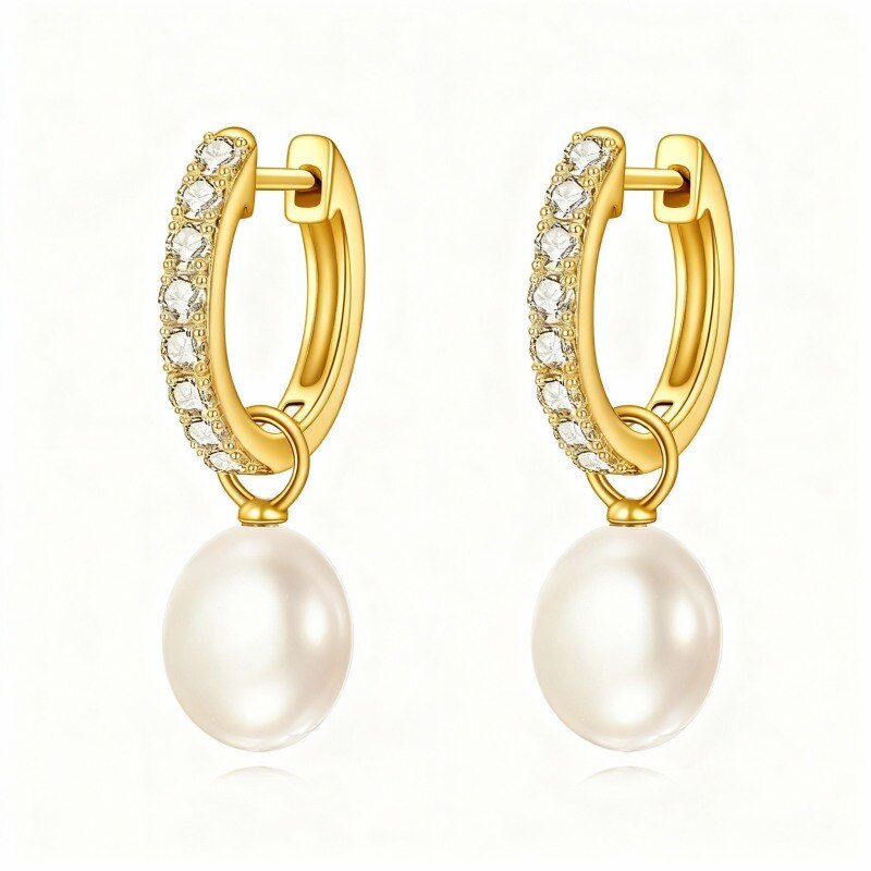 18K Gold Cubic Zirconia & Pearl Bead Drop Earrings-1