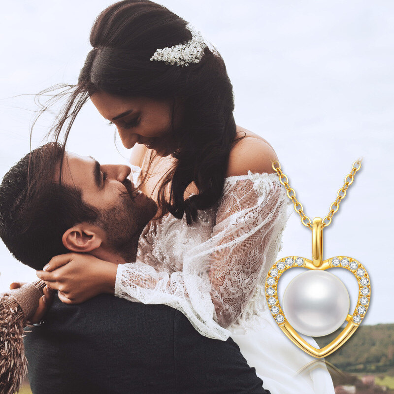 Collar de oro de 10 quilates de circonio cúbico y perla colgante de corazón-3