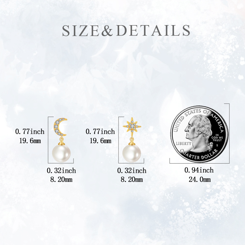 14K Gold Cubic Zirconia & Pearl Moon & Star Drop Earrings-5