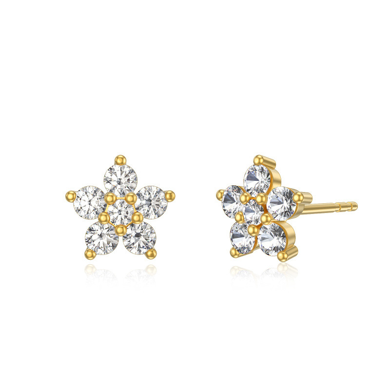 10K Gold Cubic Zirconia Peony Flower Stud Earrings-1