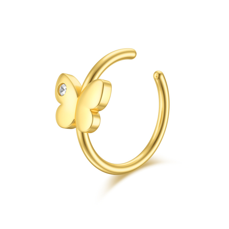 Piercing de nariz em forma de borboleta, em ouro de 18 quilates com zircónias cúbicas e pedra de nascimento personalizada.-1