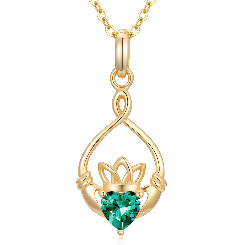 Collar con colgante Claddagh personalizado de piedra natal y circonita cúbica en oro de 14 quilates-1